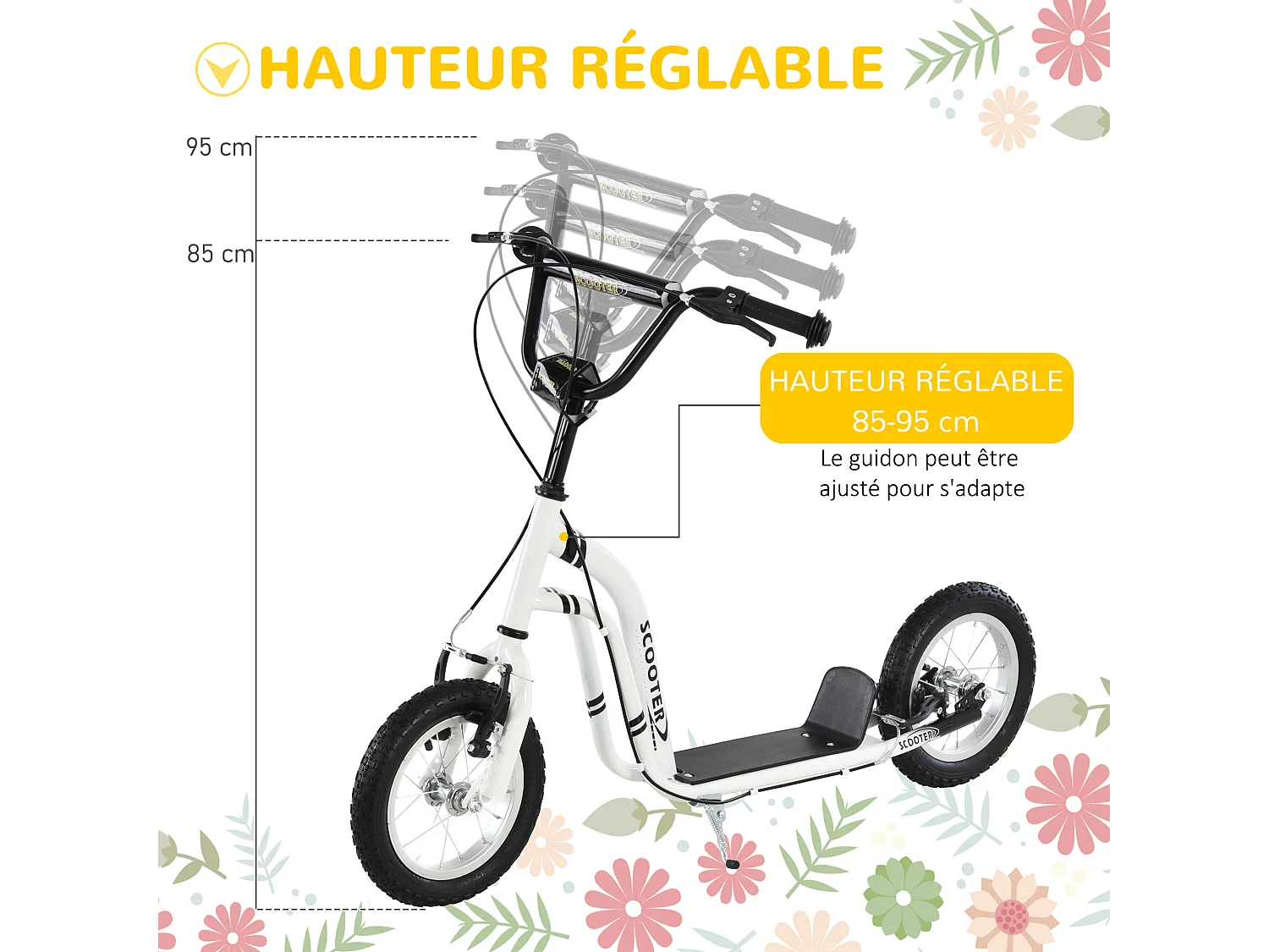 Trottinette Patinette pour Enfants Plus de 5 Ans Grands Pneus Guidon Réglable 2 Freins Contrôlés par Poignée Béquille Latérale 120 x 58 x 85-95 cm Blanc
