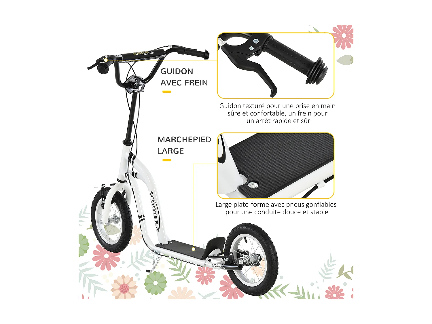 Trottinette Patinette pour Enfants Plus de 5 Ans Grands Pneus Guidon Réglable 2 Freins Contrôlés par Poignée Béquille Latérale 120 x 58 x 85-95 cm Blanc