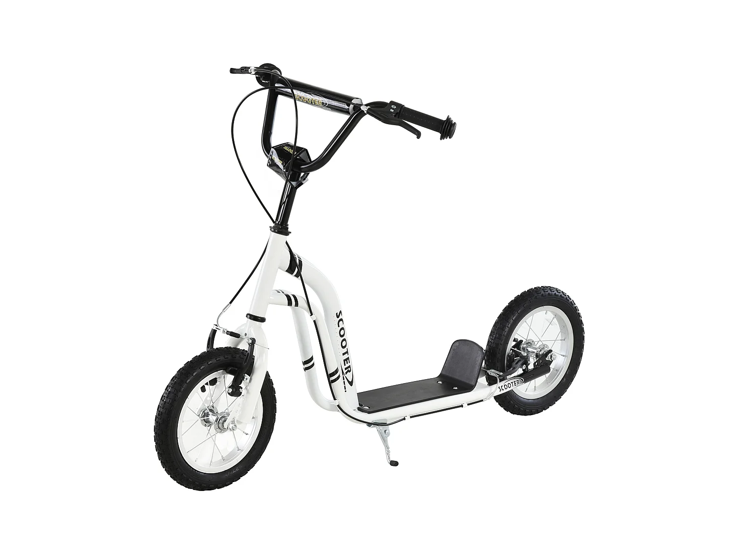 Trottinette Patinette pour Enfants Plus de 5 Ans Grands Pneus Guidon Réglable 2 Freins Contrôlés par Poignée Béquille Latérale 120 x 58 x 85-95 cm Blanc