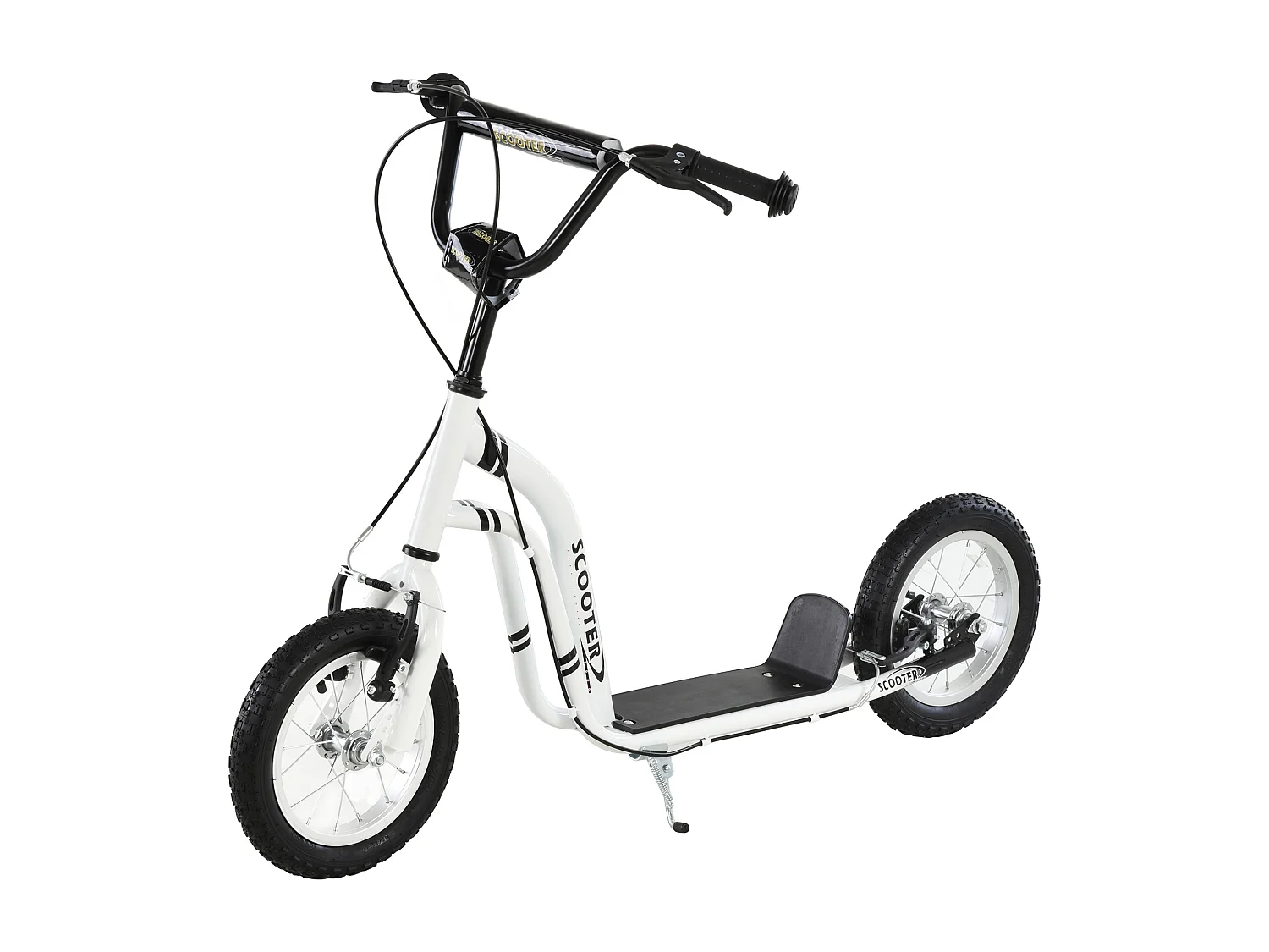 Trottinette Patinette pour Enfants Plus de 5 Ans Grands Pneus Guidon Réglable 2 Freins Contrôlés par Poignée Béquille Latérale 120 x 58 x 85-95 cm Blanc