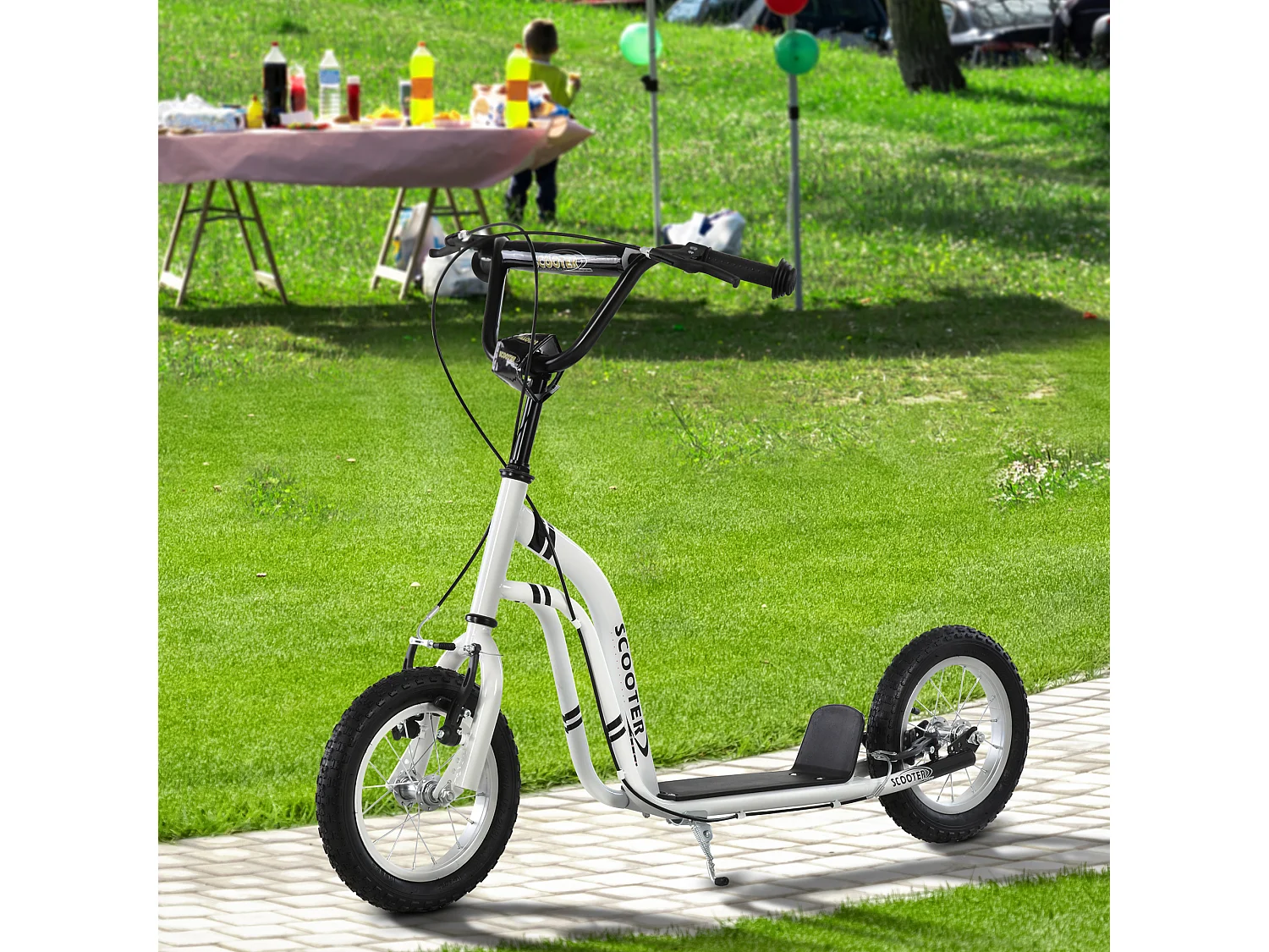 Trottinette Patinette pour Enfants Plus de 5 Ans Grands Pneus Guidon Réglable 2 Freins Contrôlés par Poignée Béquille Latérale 120 x 58 x 85-95 cm Blanc