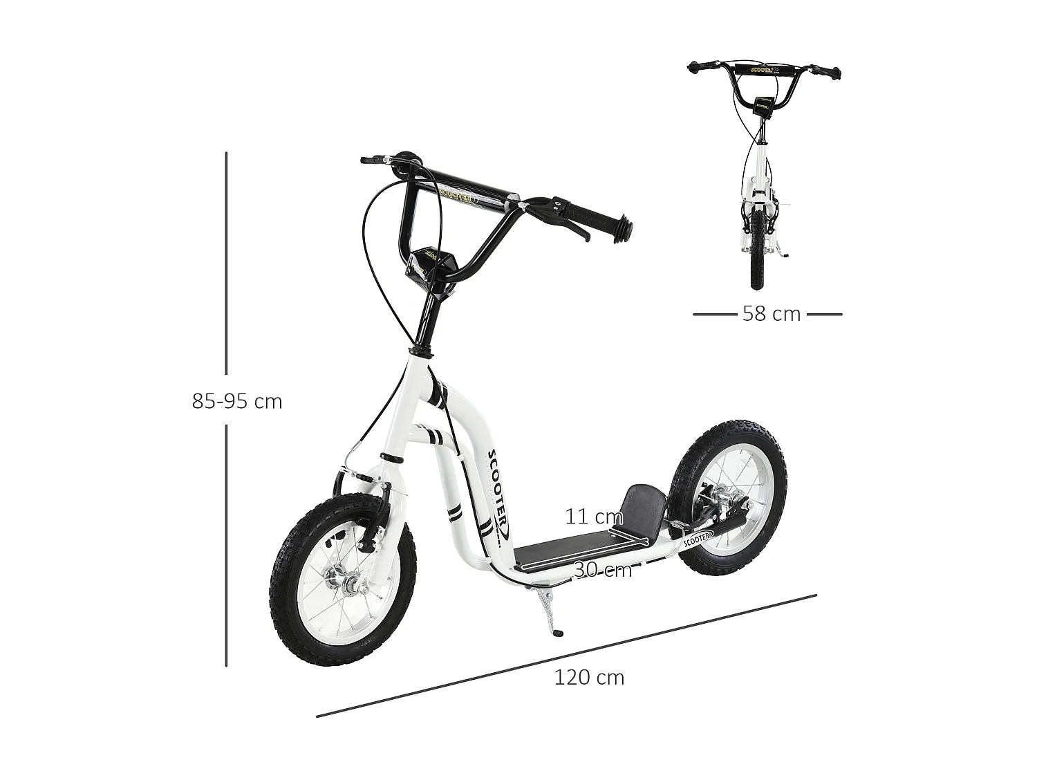 Trottinette Patinette pour Enfants Plus de 5 Ans Grands Pneus Guidon Réglable 2 Freins Contrôlés par Poignée Béquille Latérale 120 x 58 x 85-95 cm Blanc