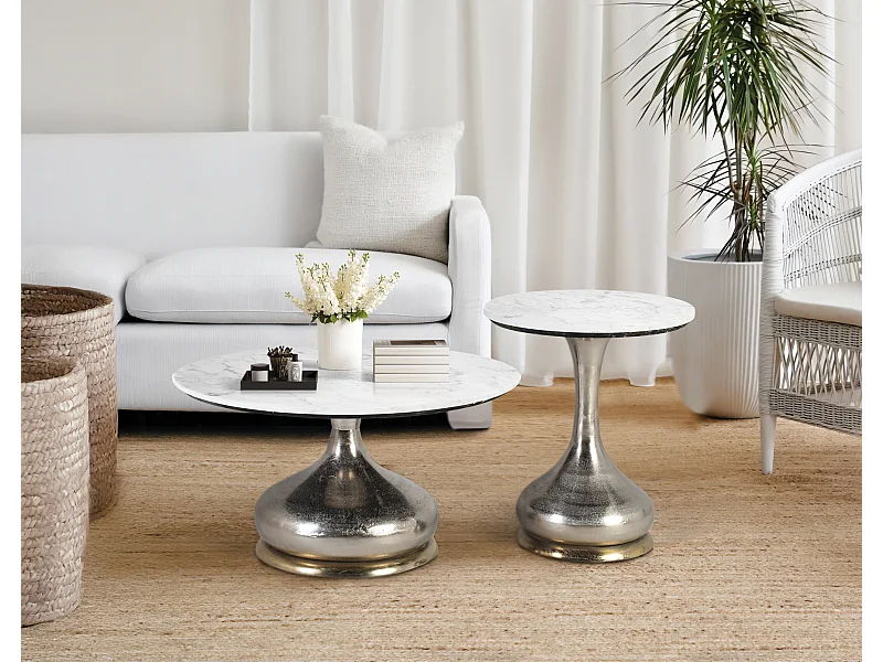 Zestaw dwóch stolików kawowych z okrągłym marmurowym blatem