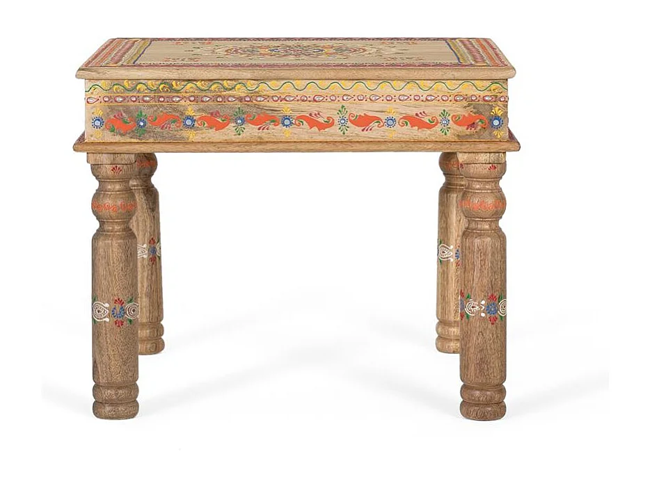 Mesa de centro en madera de mango y detalles pintados a mano