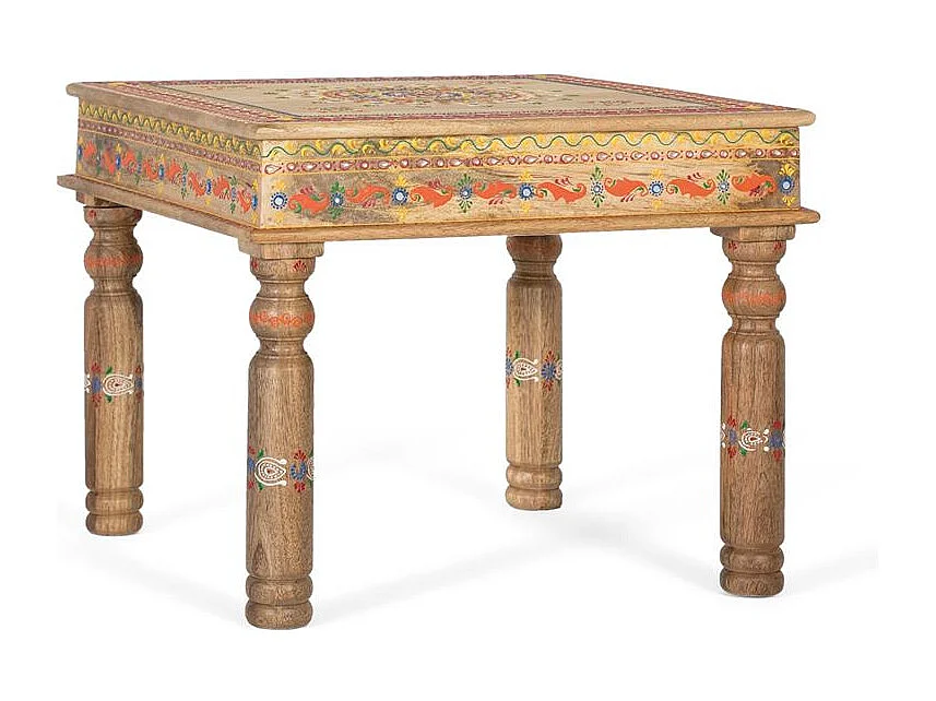 Table basse en manguier avec détails peints à la main