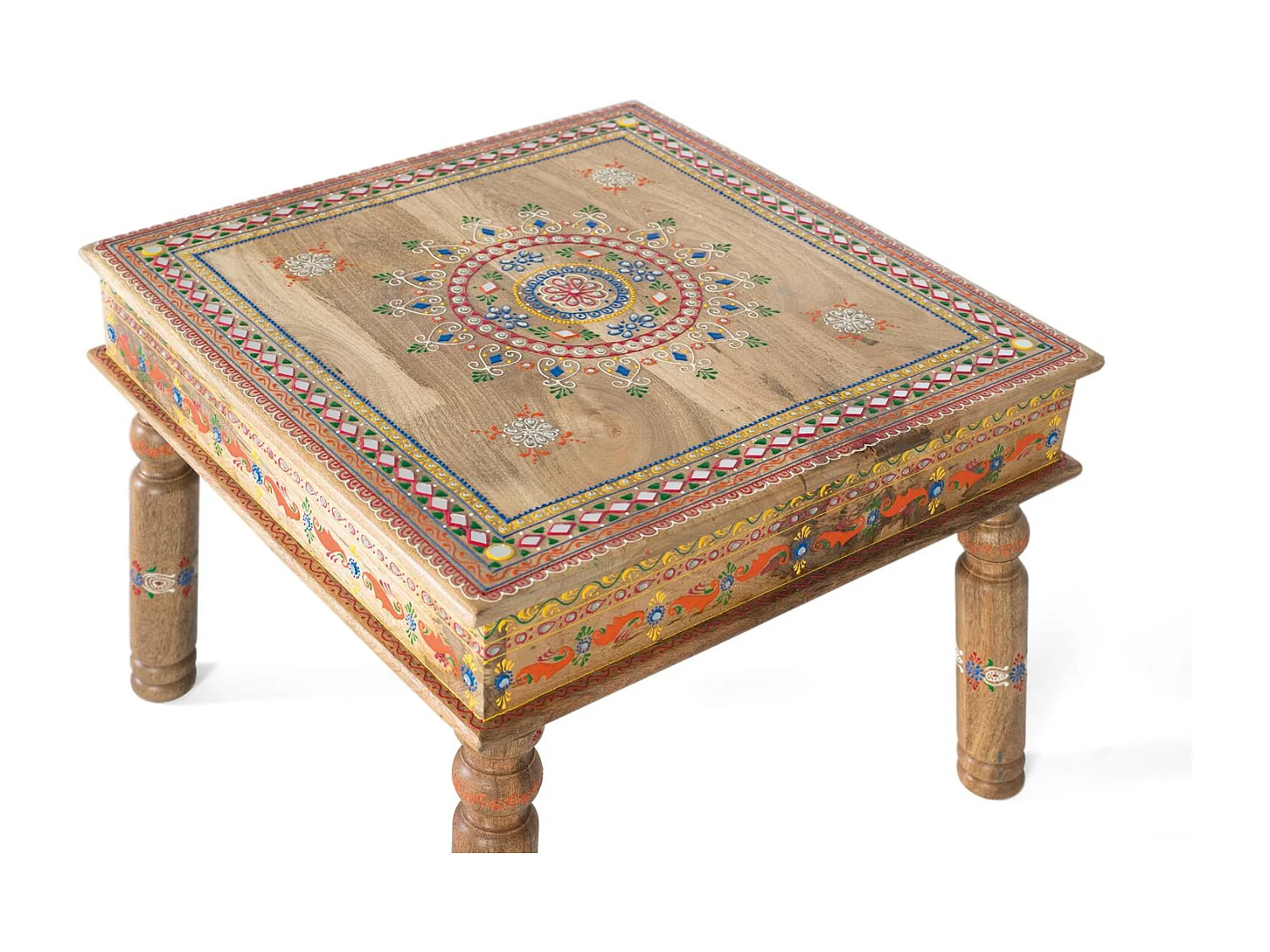 Table basse en manguier avec détails peints à la main