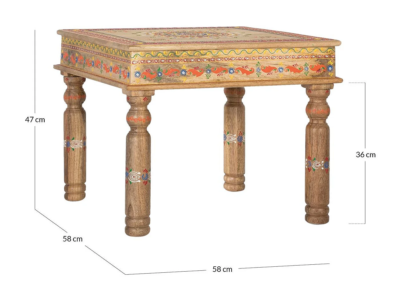 Table basse en manguier avec détails peints à la main