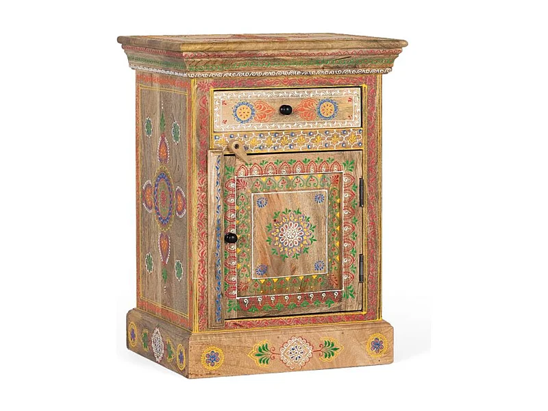 Table de nuit réalisée et peinte à la main en bois de manguier