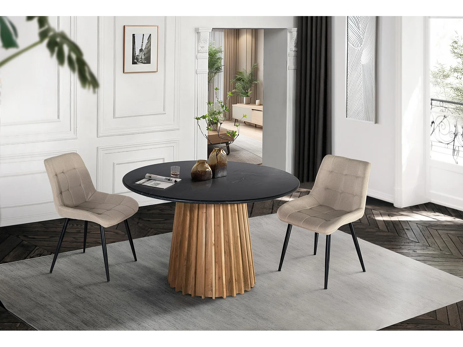 Ensemble van 2 gestoffeerde chaise longues in beige stof