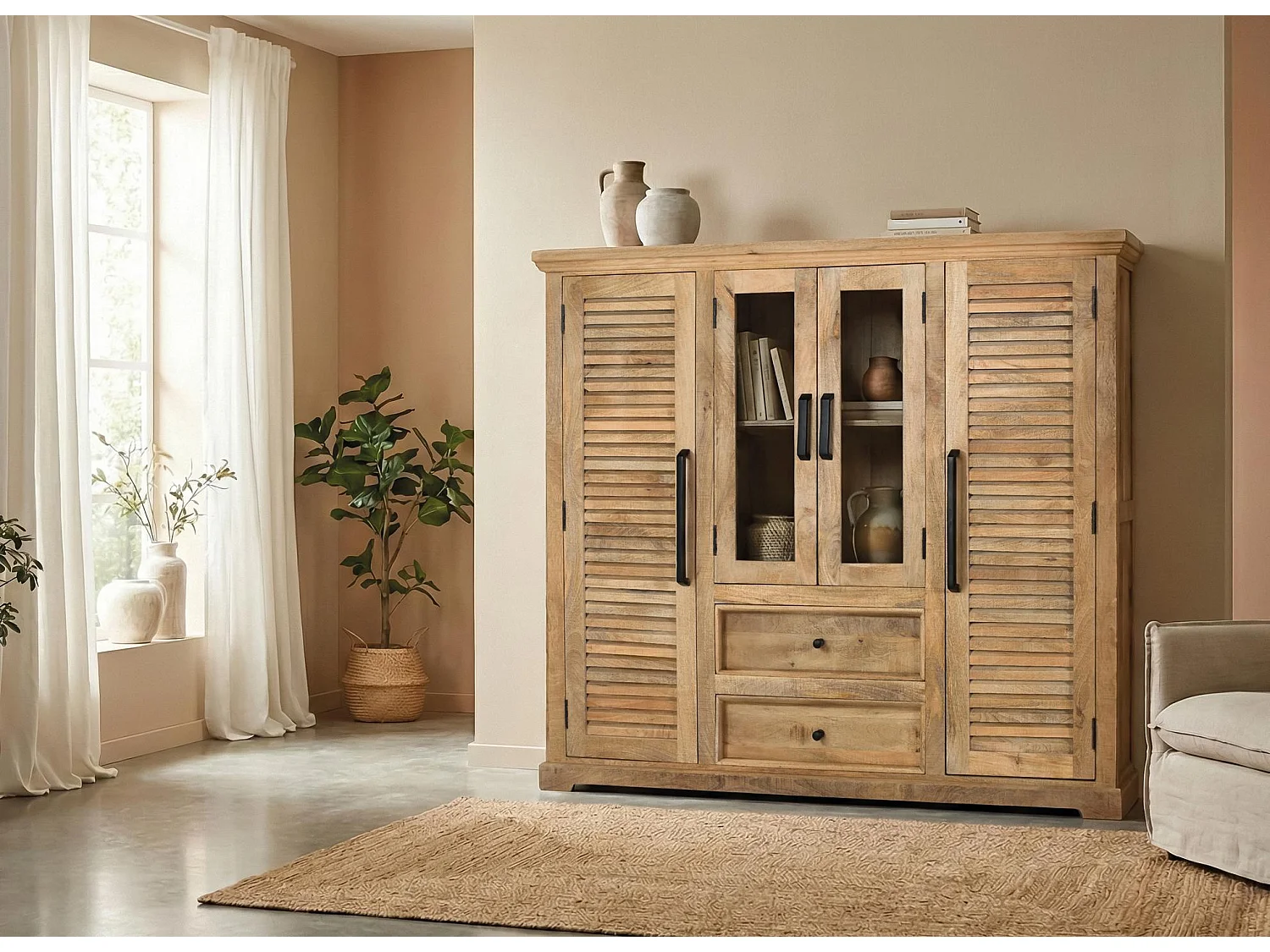 Buffet en bois de manguier 160 cm, style rustique contemporain - 142 x 160 x 45