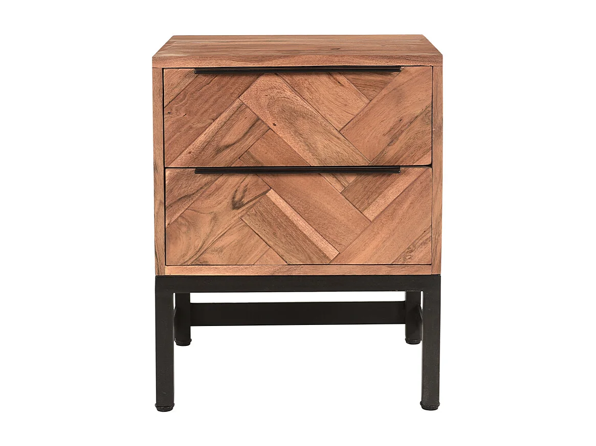 Table de chevet avec rangements 2 tiroirs à motifs chevrons en bois massif et métal noir STICK