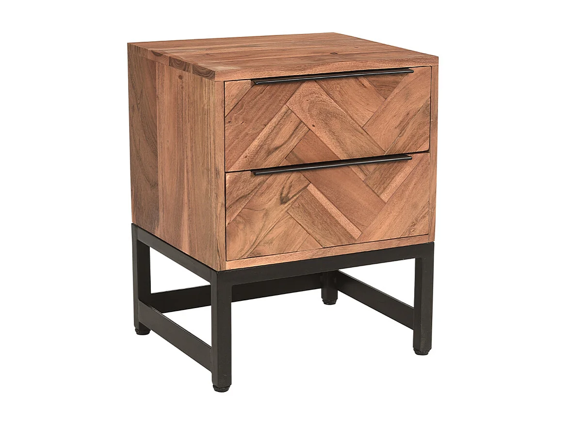 Table de chevet avec rangements 2 tiroirs à motifs chevrons en bois massif et métal noir STICK