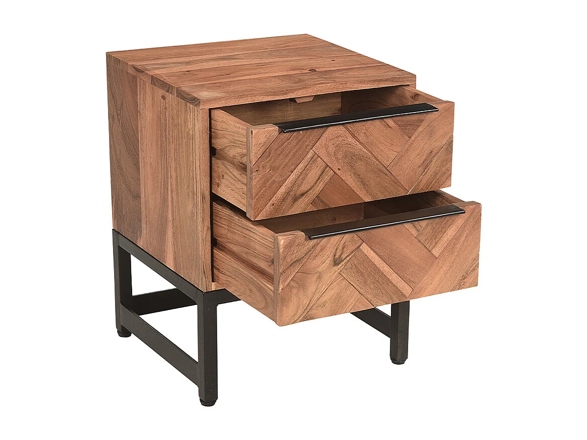Table de chevet avec rangements 2 tiroirs à motifs chevrons en bois massif et métal noir STICK