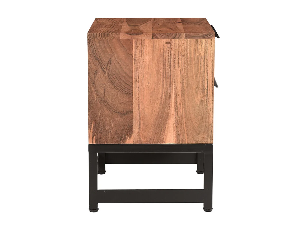 Table de chevet avec rangements 2 tiroirs à motifs chevrons en bois massif et métal noir STICK