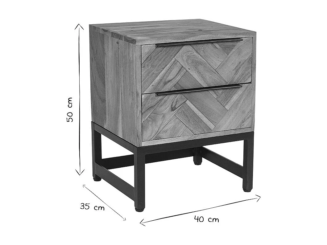 Table de chevet avec rangements 2 tiroirs à motifs chevrons en bois massif et métal noir STICK