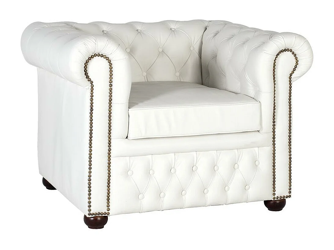 Fotel Chesterfield jednoosobowy, tapicerowany naturalną skórą z białym wykończeniem