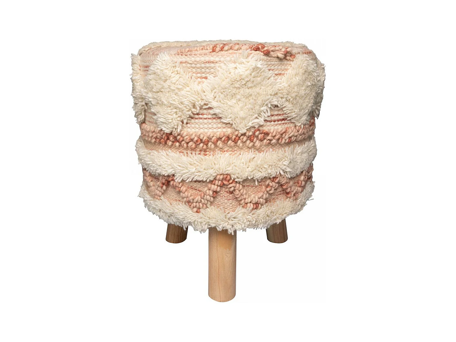 Tabouret semi artisanal en laine ZAGI 35x35x47 rose et crème