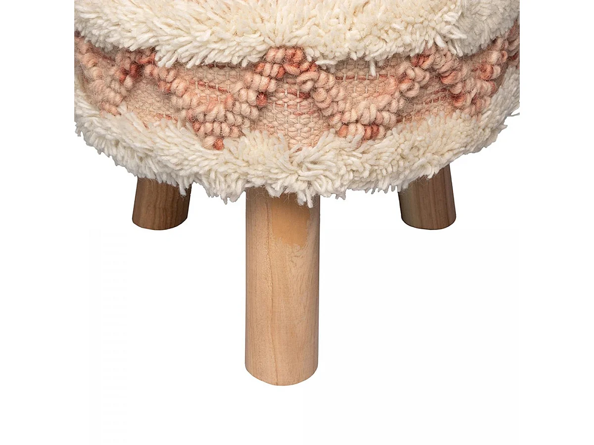 Tabouret semi artisanal en laine ZAGI 35x35x47 rose et crème