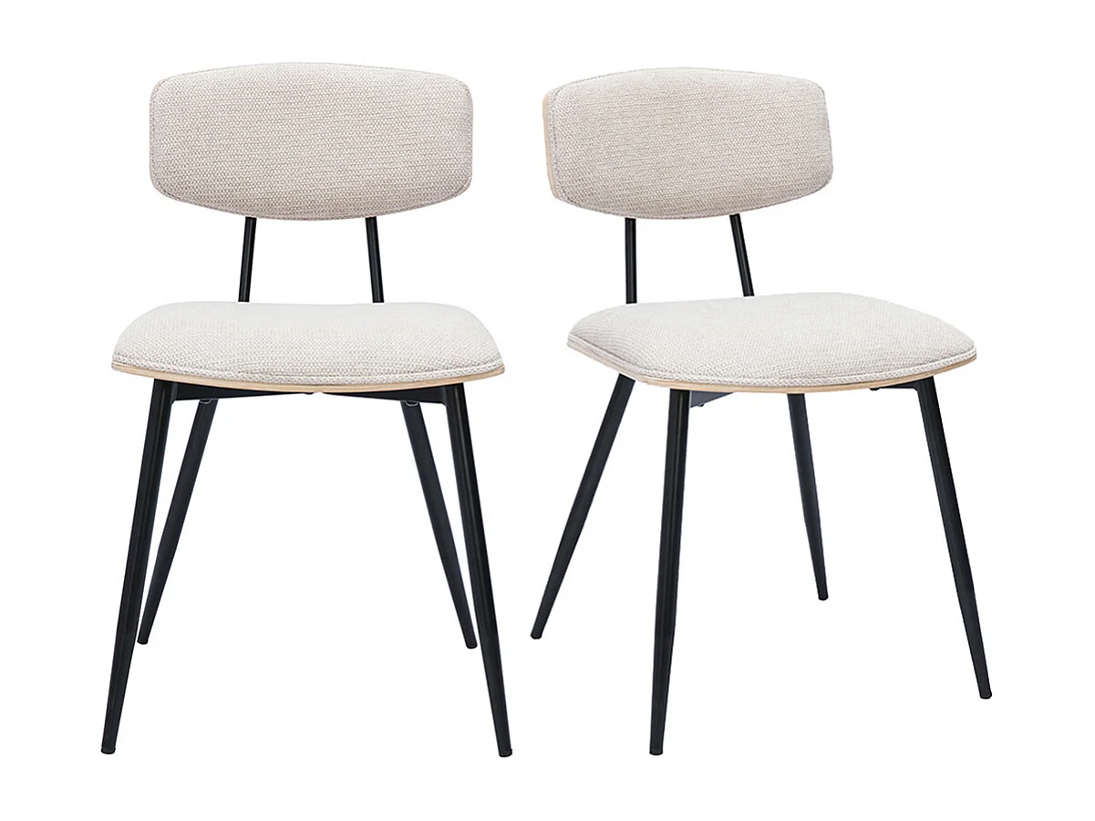 Chaises vintage en bois clair chêne assises tissu chenille beige et métal noir (lot de 2) JOLINE