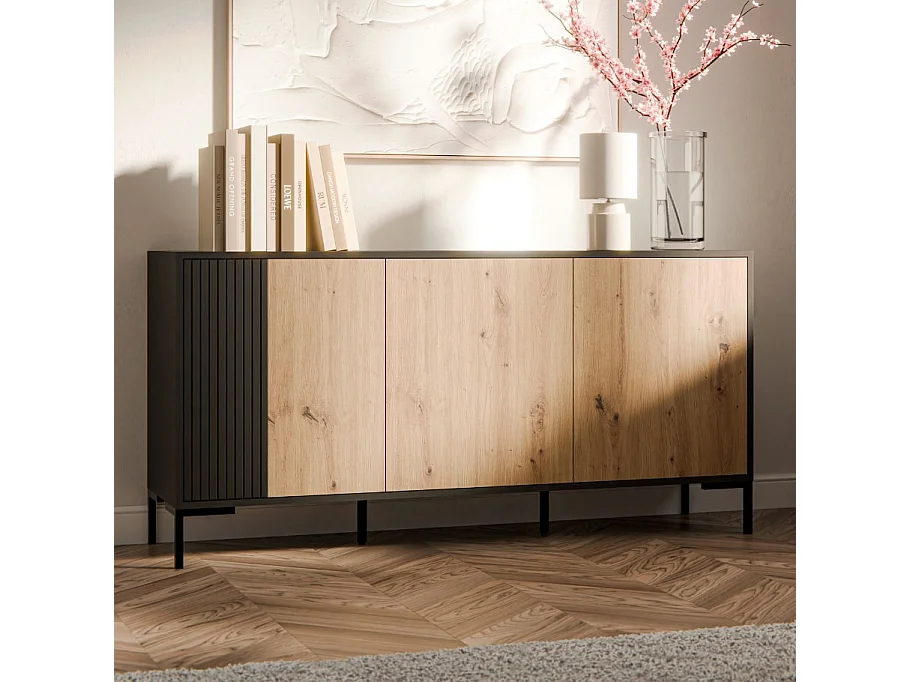 Aparador Polo negro y madera 3 puertas 150 cm