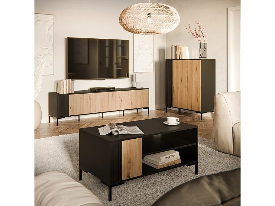 Aparador Polo negro y madera 3 puertas 150 cm