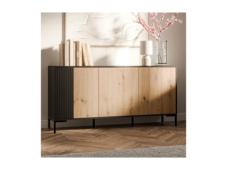 Buffet 150 cm 3 portes noir et bois Polo