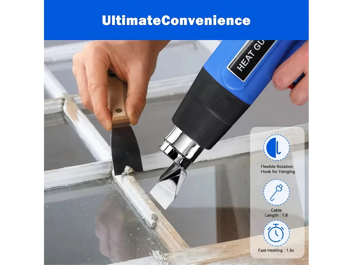 Décapeur thermique 2000W, 2 niveaux chauffage 300°C/600°C, avec 4 buses, pour au chauffage, au dégivrage et à la soudure, 24.5x17.5cm