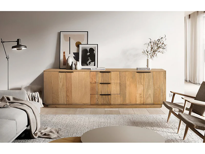 Meuble TV en bois de manguier de couleur naturelle avec coins arrondis