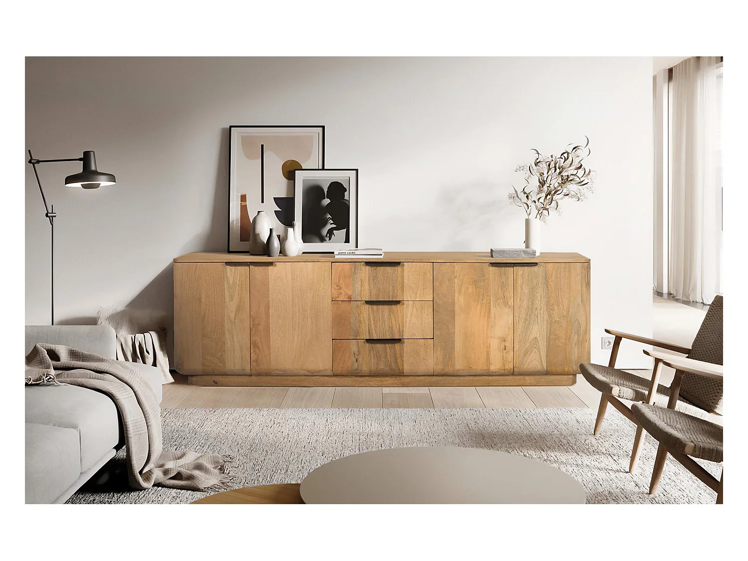 Meuble TV en bois de manguier de couleur naturelle avec coins arrondis