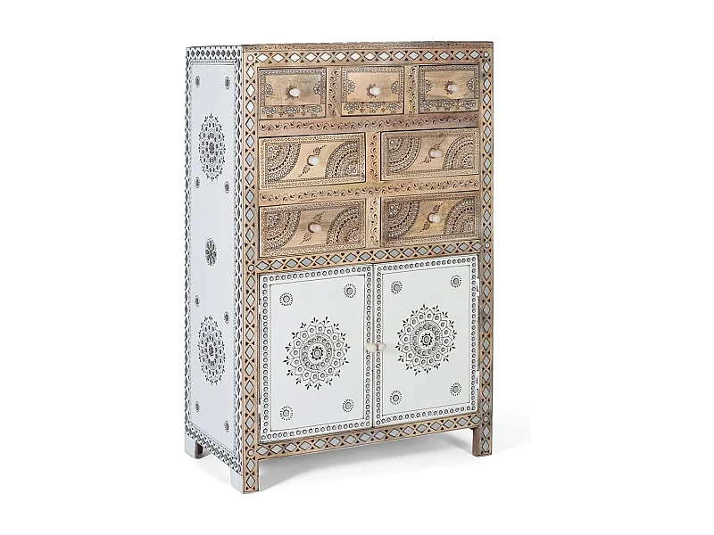 Hoog dressoir van mangohout en MDF met handgeschilderde details