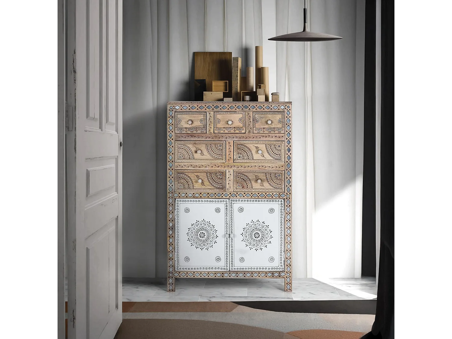 Buffet en bois de manguier et MDF et détails peints à la main