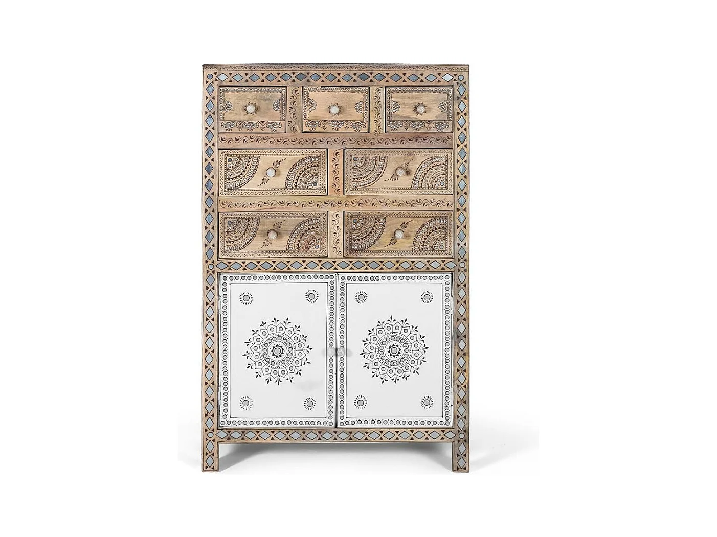 Credenza alta in legno di mango e MDF e dettagli dipinti a mano