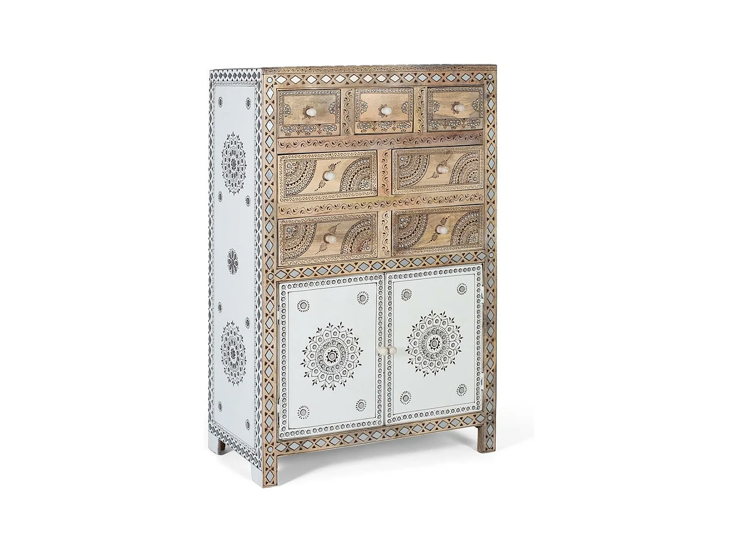 Credenza alta in legno di mango e MDF e dettagli dipinti a mano