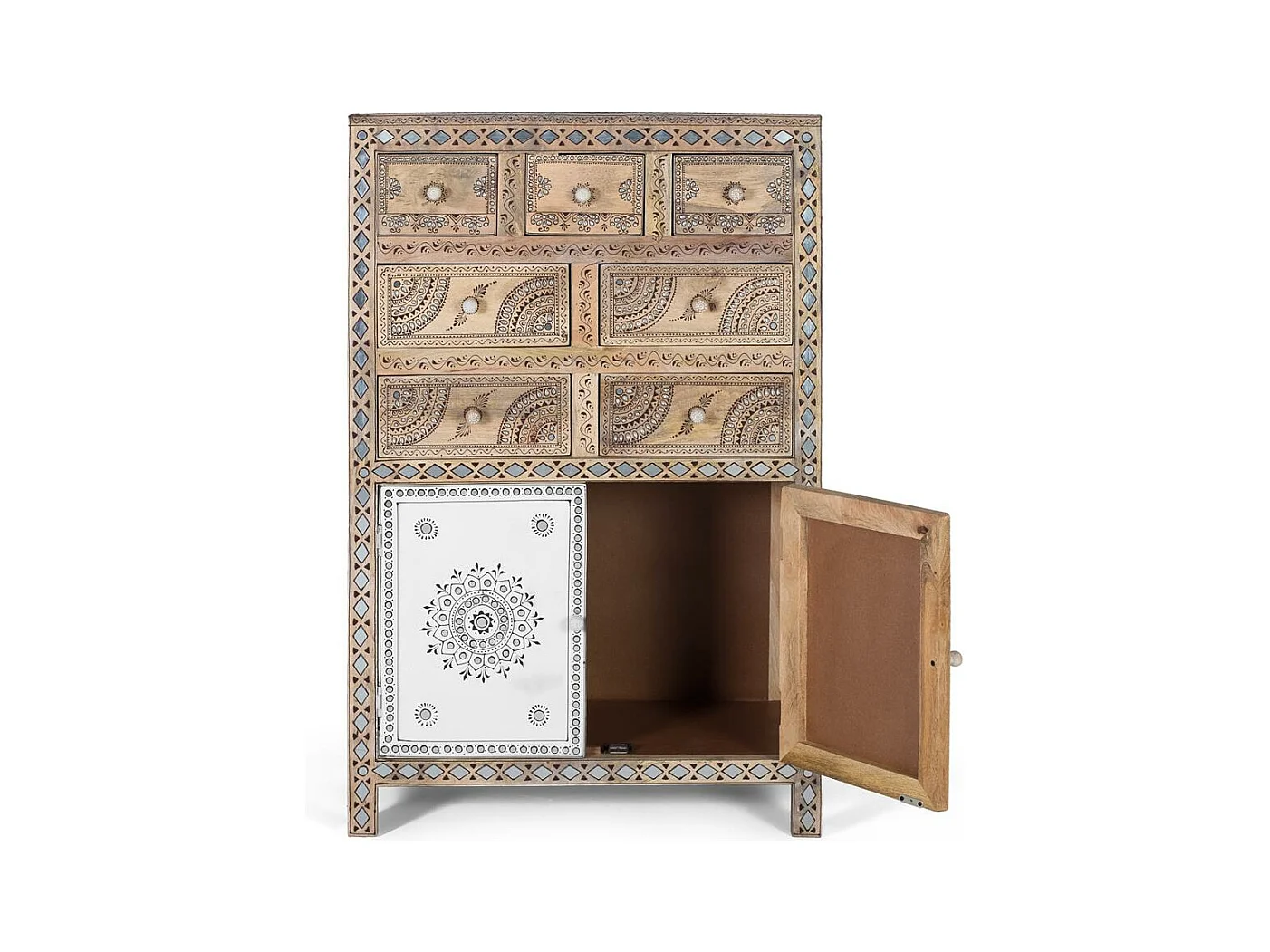 Credenza alta in legno di mango e MDF e dettagli dipinti a mano