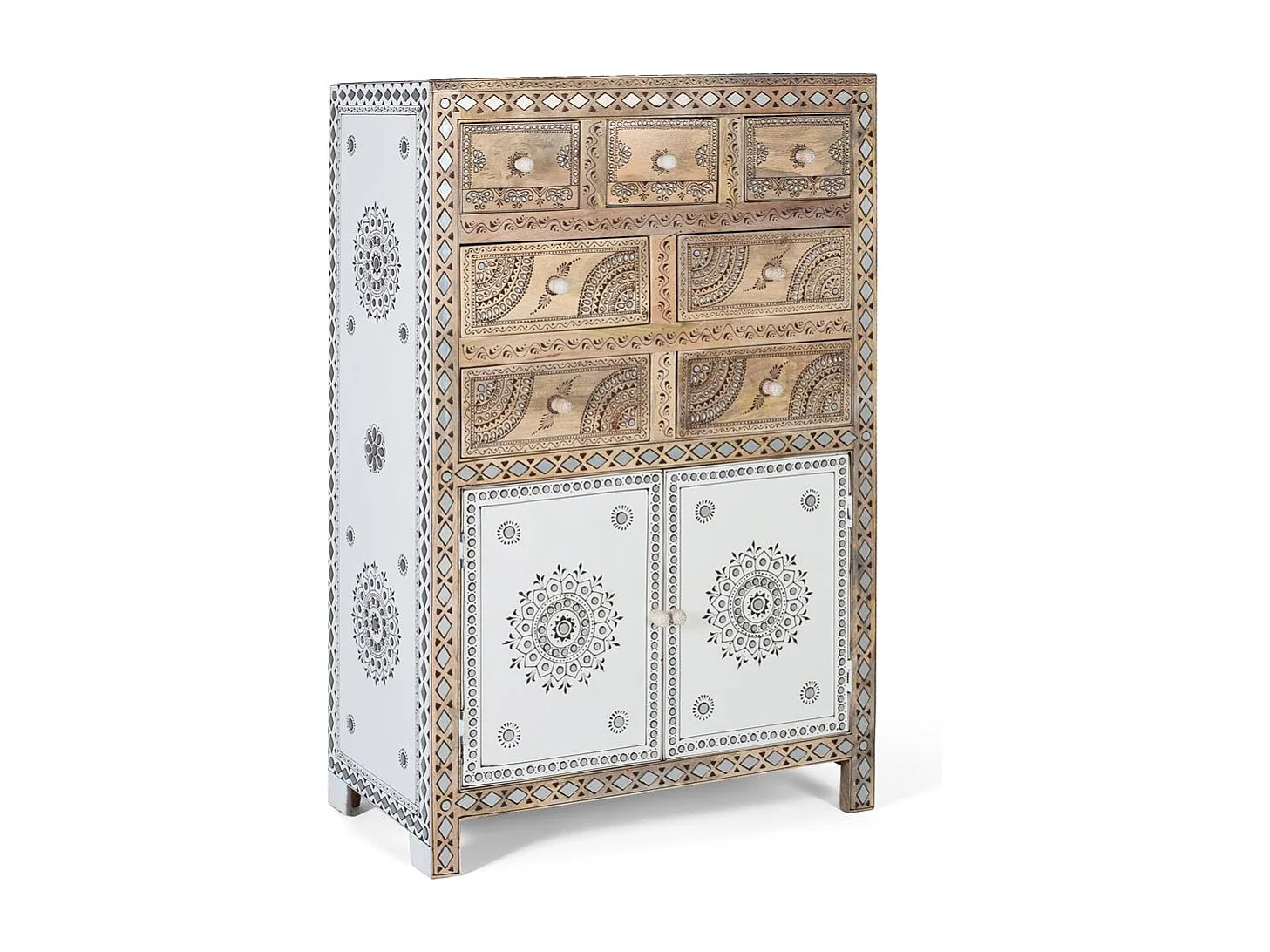 Buffet en bois de manguier et MDF et détails peints à la main