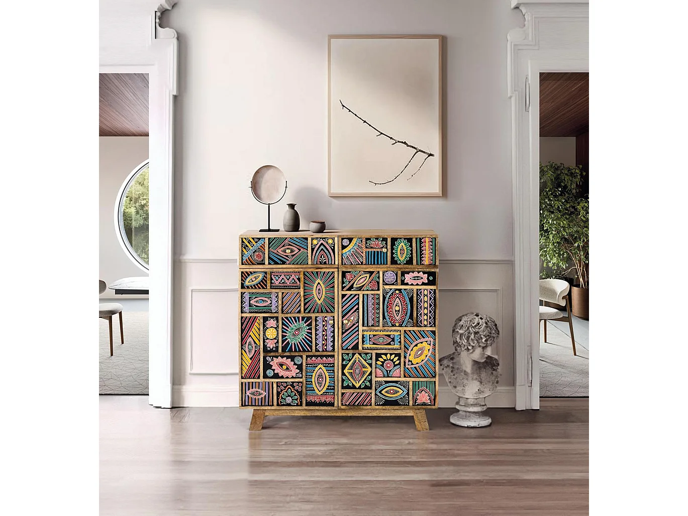 Buffet en bois de manguier, style ethnique artisanal - 80 x 80 x 35