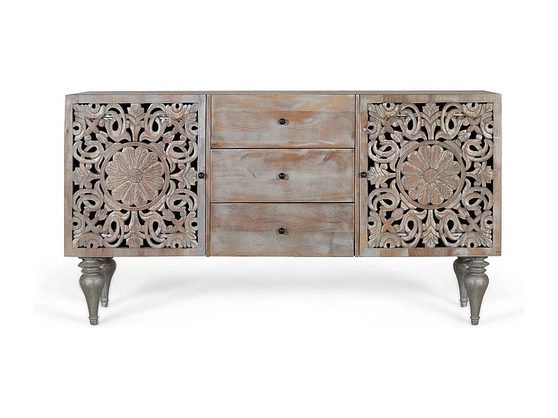 Dressoir van mangohout met twee handgesneden zijdeuren