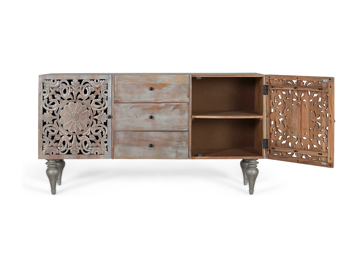 Aparador em madeira de manga com duas portas laterais esculpidas à mão