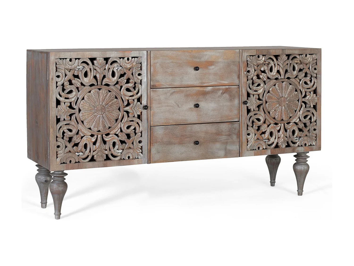 Buffet en bois de manguier avec deux portes latérales sculptées