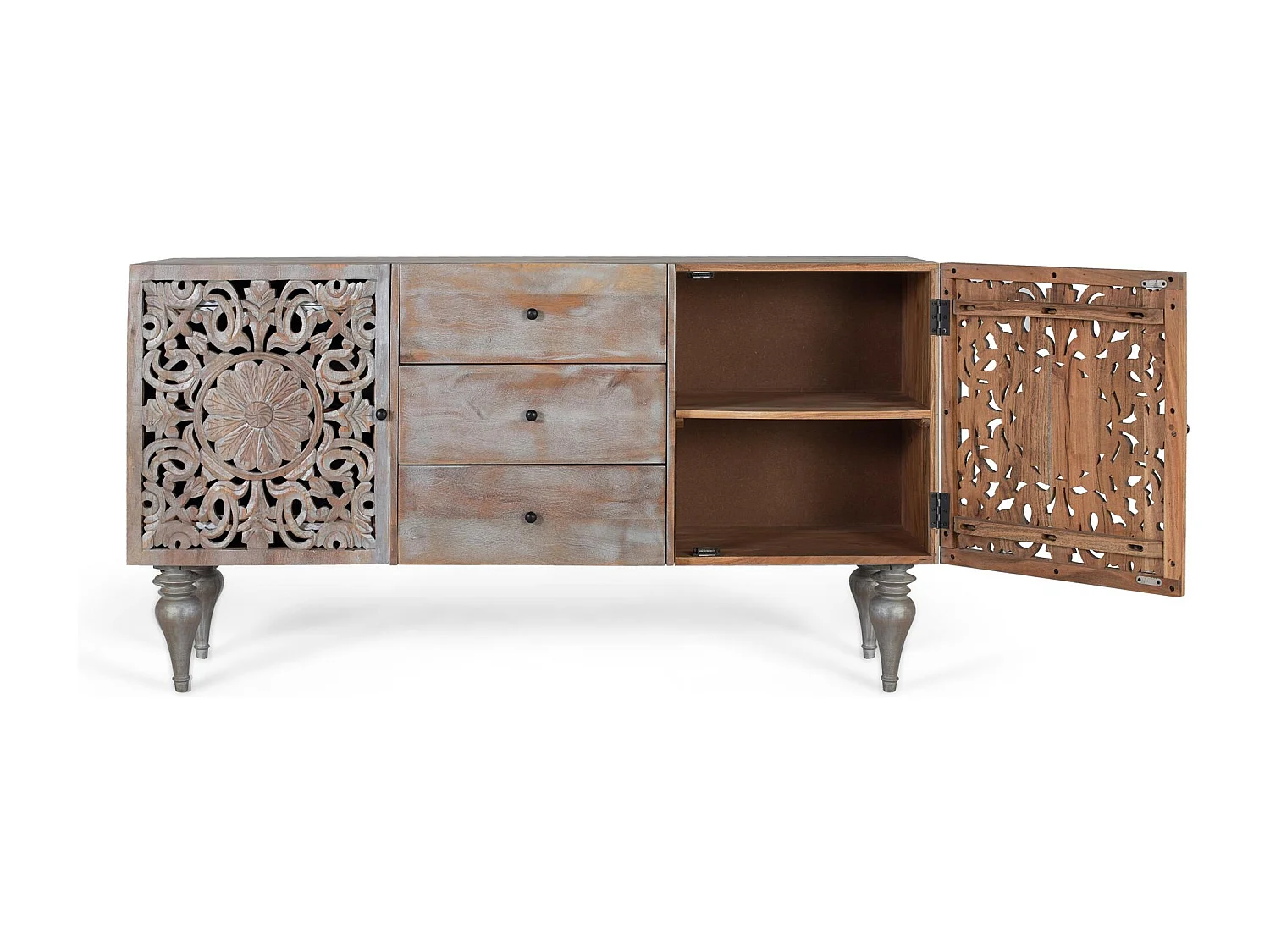 Buffet en bois de manguier avec deux portes latérales sculptées
