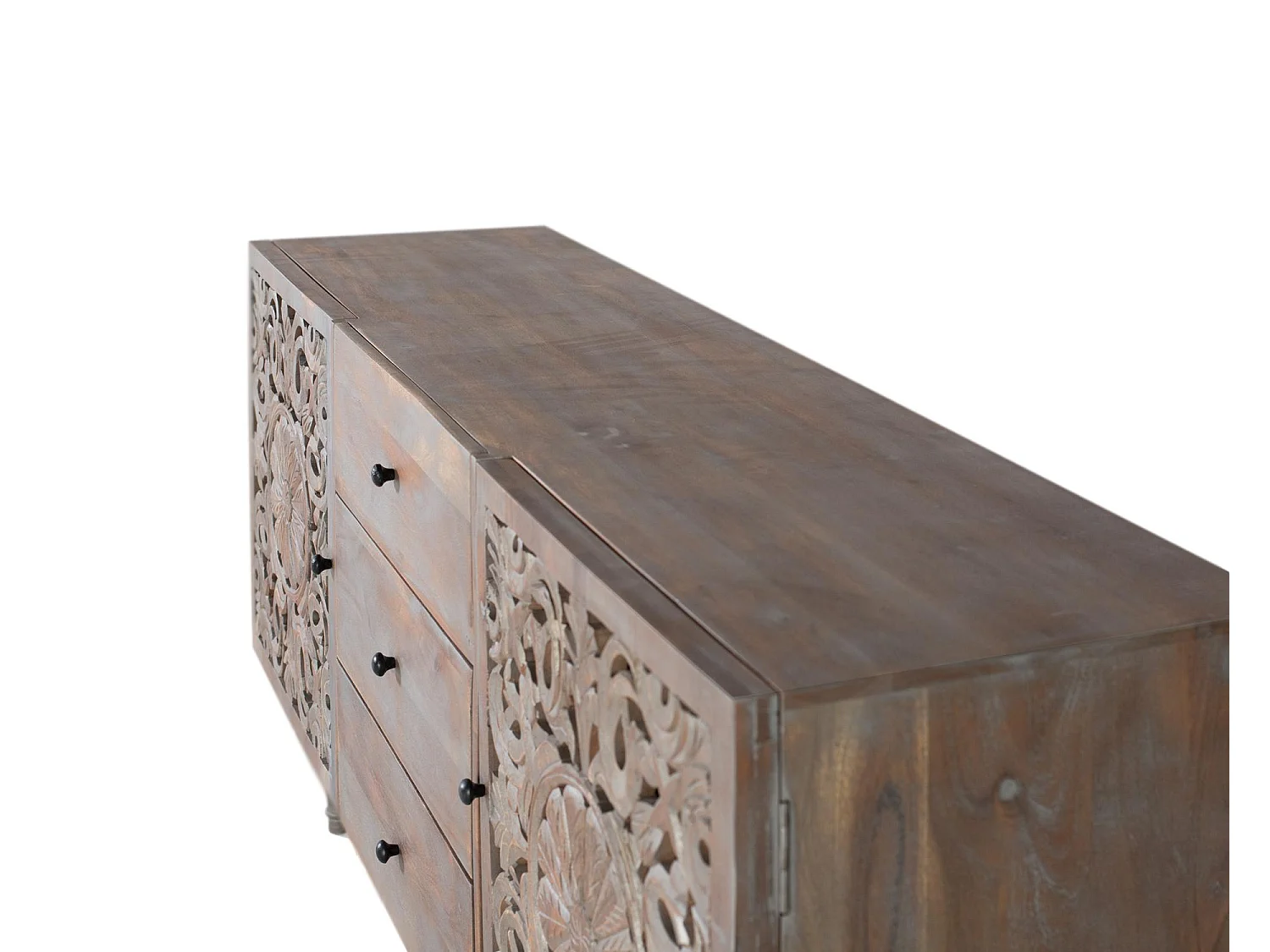 Buffet en bois de manguier avec deux portes latérales sculptées