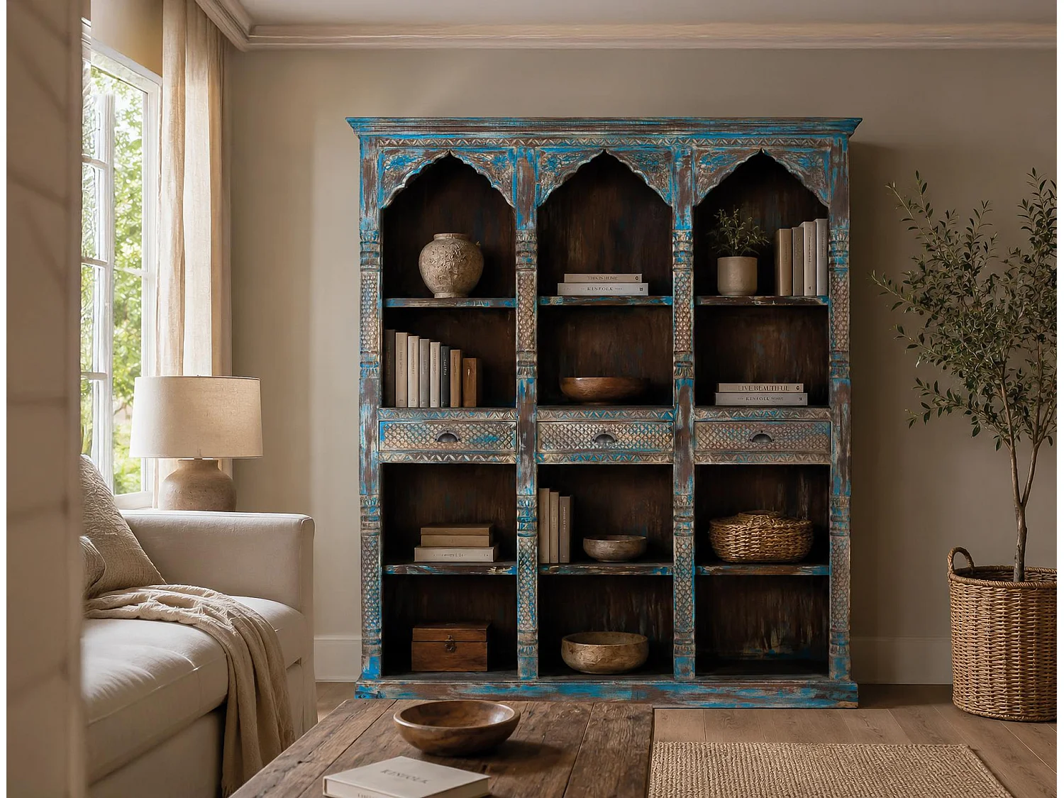 Bibliothèque en bois de manguier 170 cm, style ethnique contemporain - 195 x 170 x 38