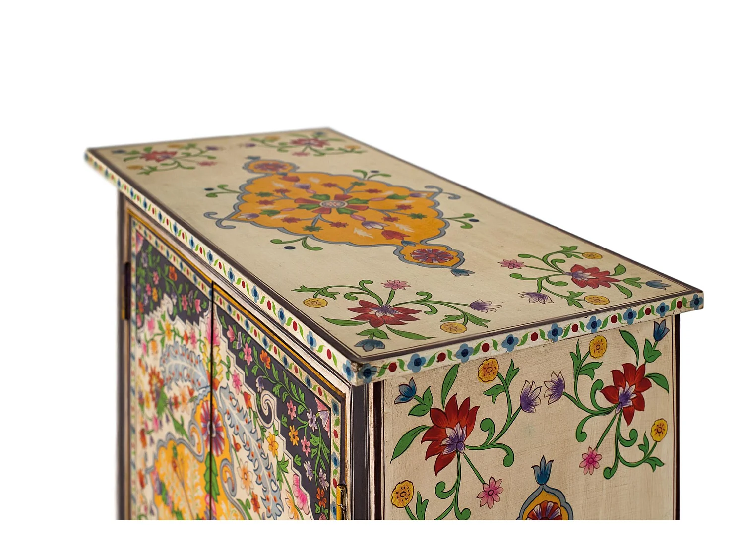 Meuble d'appoint en bois de manguier, MDF 65 cm, style artisanal ethnique - 77 x 65 x 33 cm