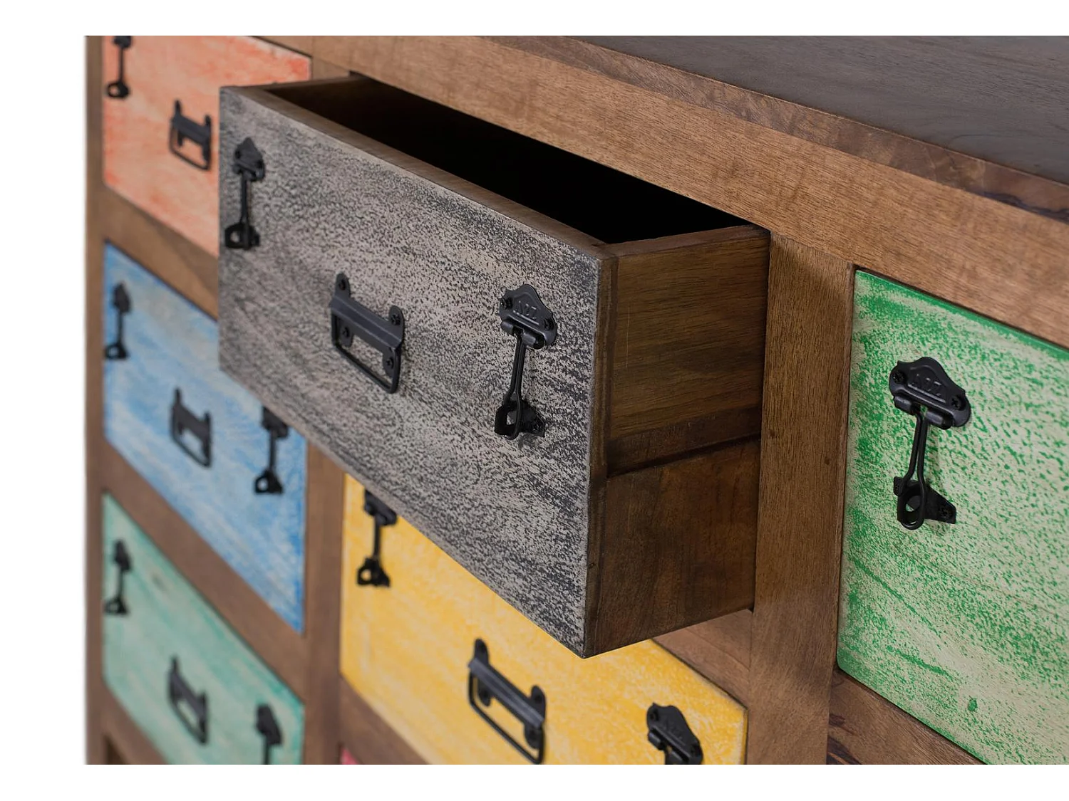 Buffet 9 tiroirs en bois massif multicolore