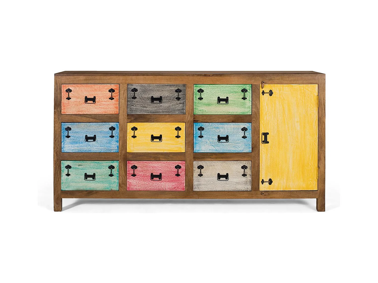 Buffet 9 tiroirs en bois massif multicolore
