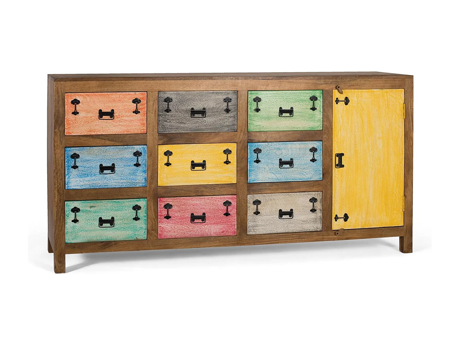 Buffet 9 tiroirs en bois massif multicolore
