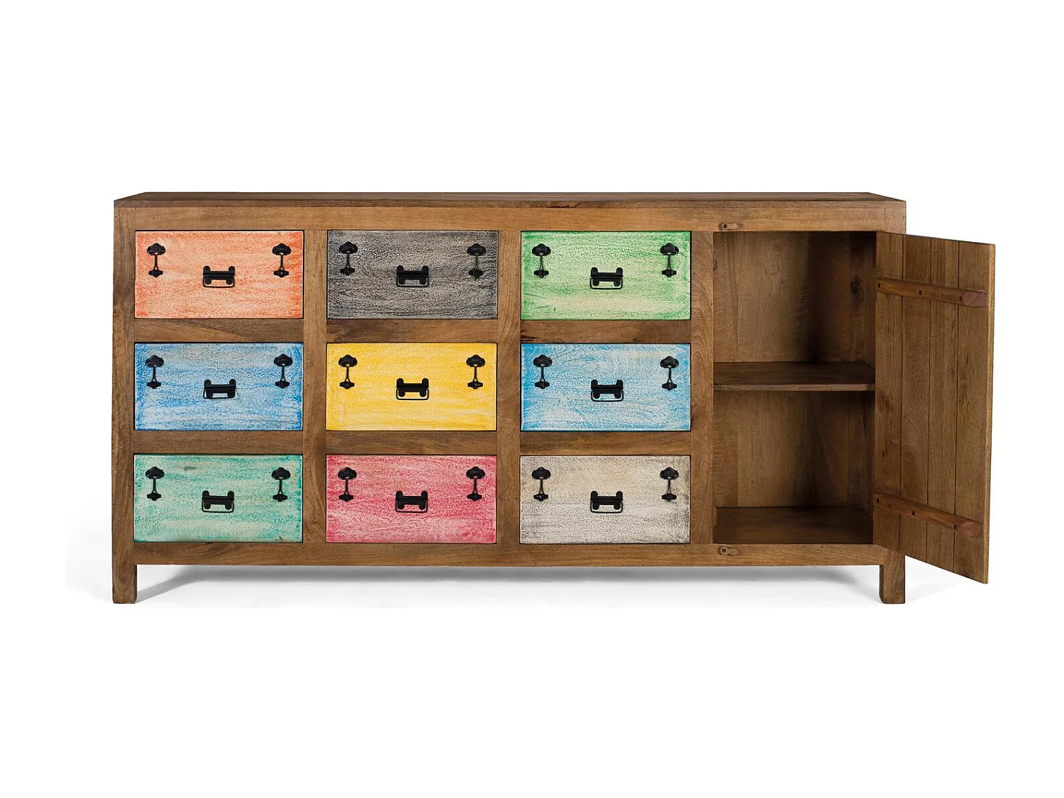 Buffet 9 tiroirs en bois massif multicolore
