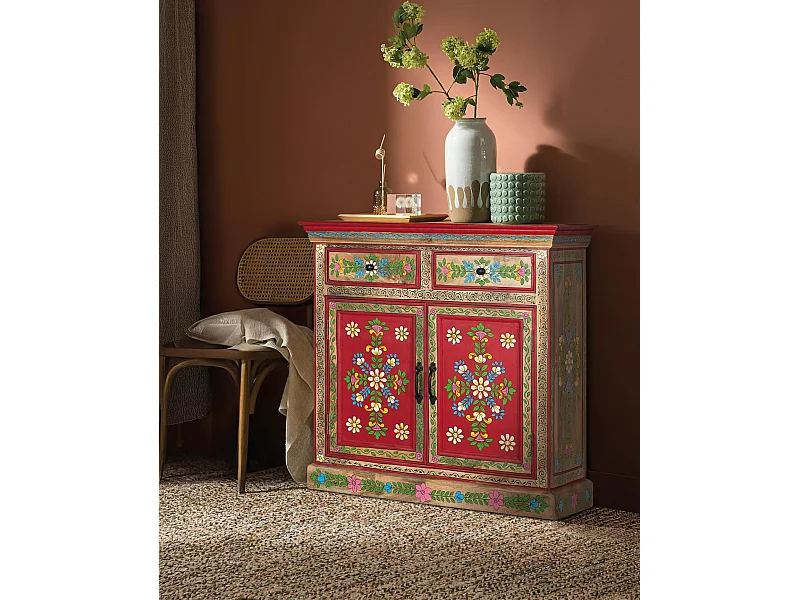 Ręcznie malowana komoda z drewna mango z 2 szufladami i drzwiami