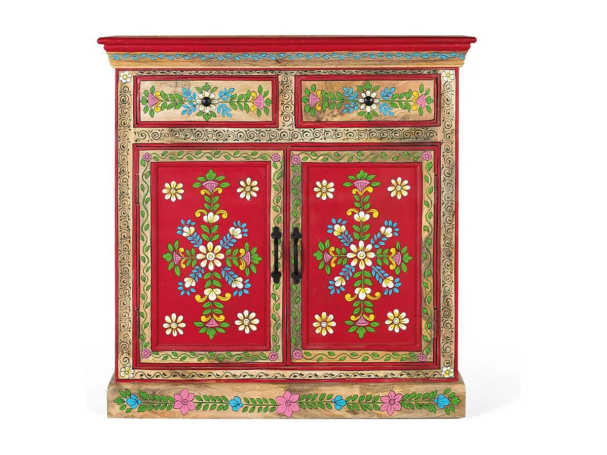 Buffet en bois de manguier peint à la main avec 2 tiroirs et portes