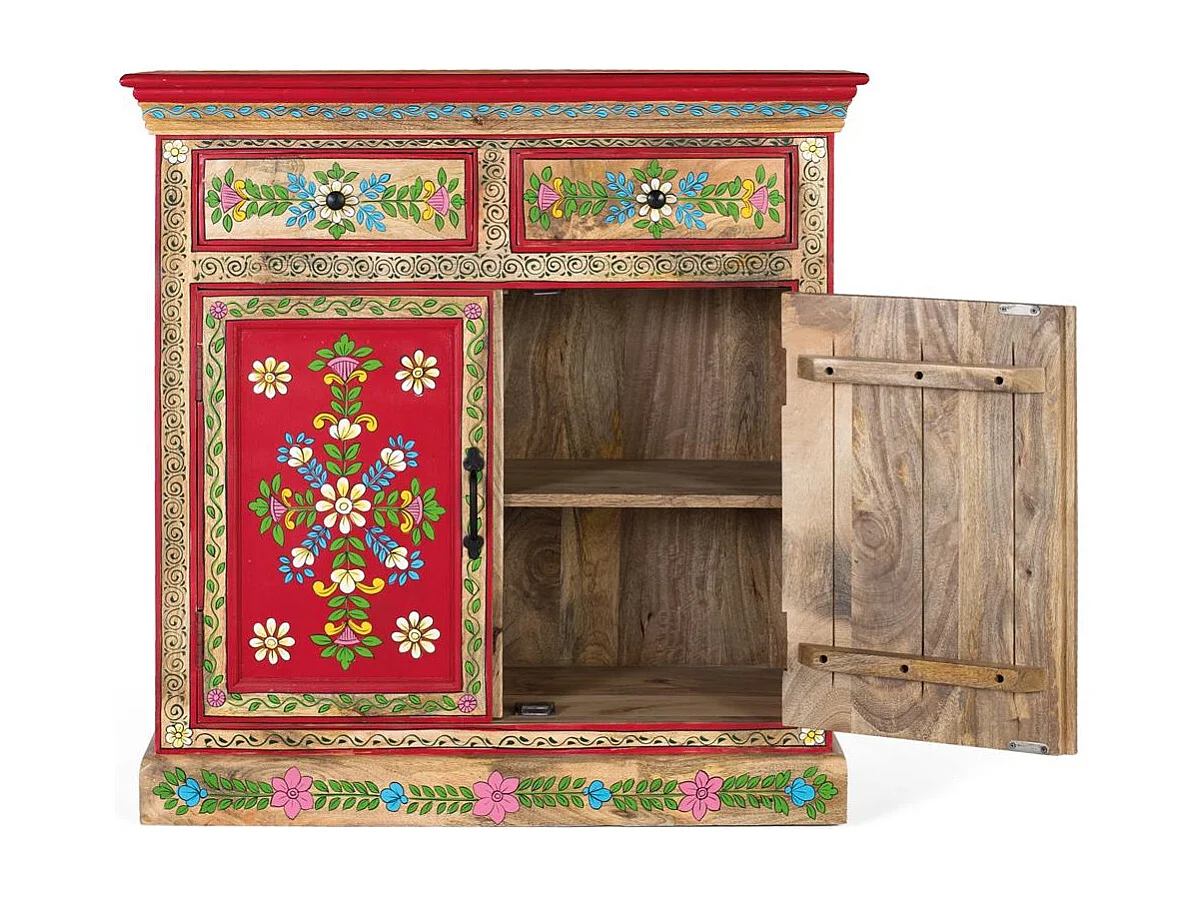 Buffet en bois de manguier peint à la main avec 2 tiroirs et portes